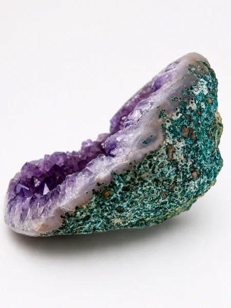 Side view of 120g Amethyst geode showing purple crystals and contrasting natural outer matrix