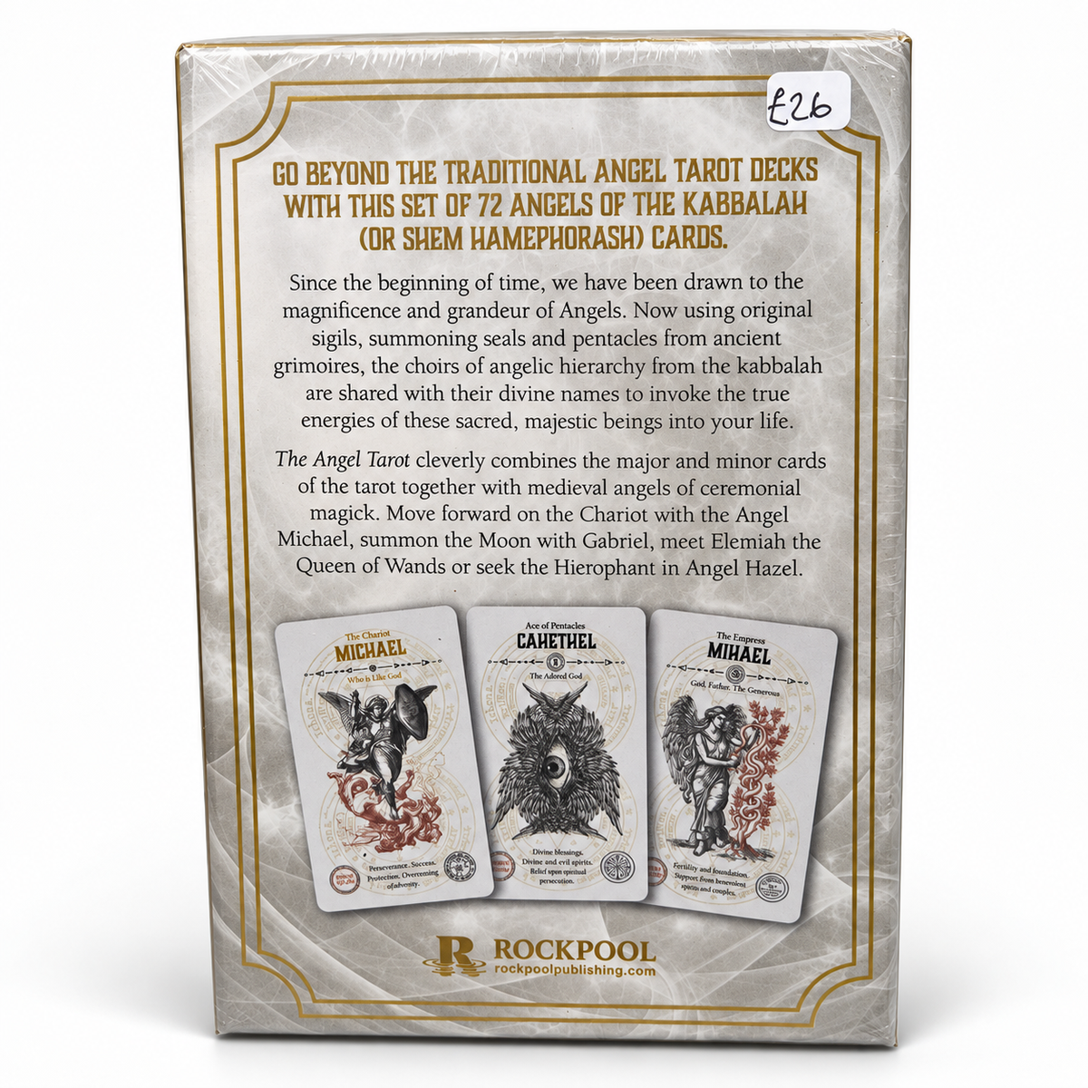 Back of Angel Tarot box showing examples of the 72 Angels of the Kabbalah tarot cards