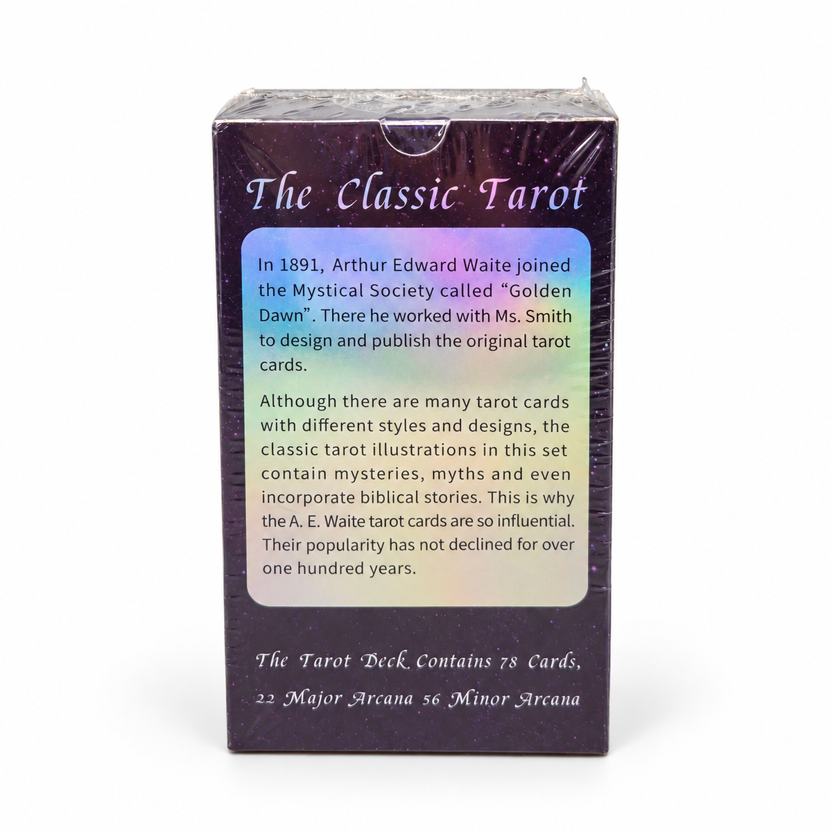 Back of Holographic Classic Tarot box showing 22 Major Arcana and 56 Minor Arcana