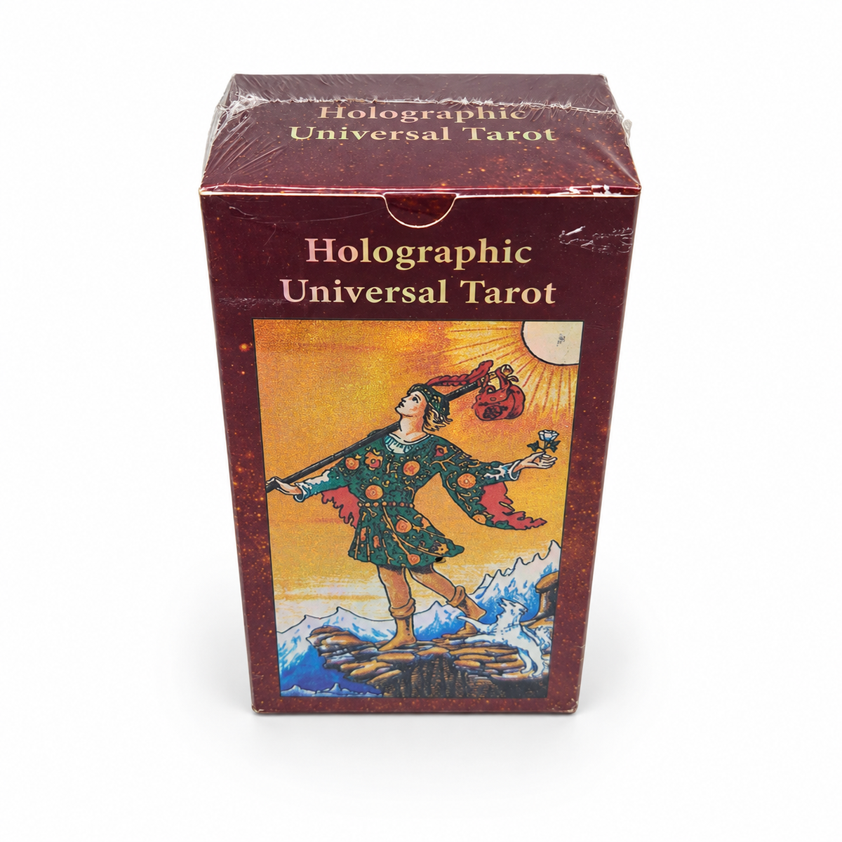 Holographic Universal Tarot deck featuring classic Fool tarot card artwork