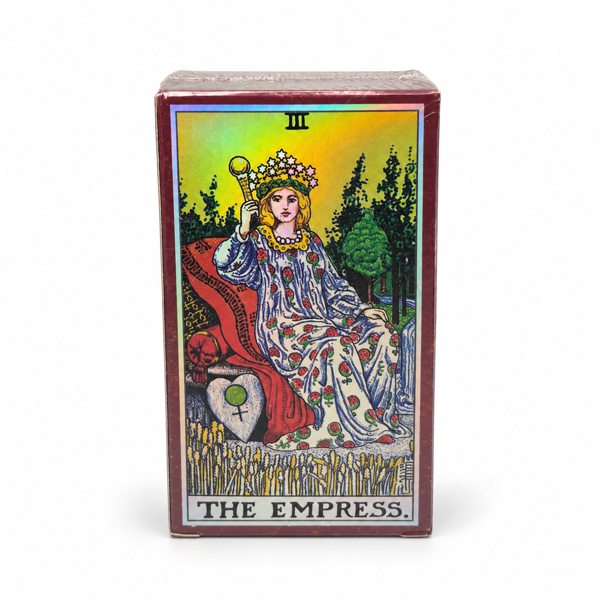 A tarot card deck box featuring 'The Empress' card artwork on the front, photographed against a plain white background.