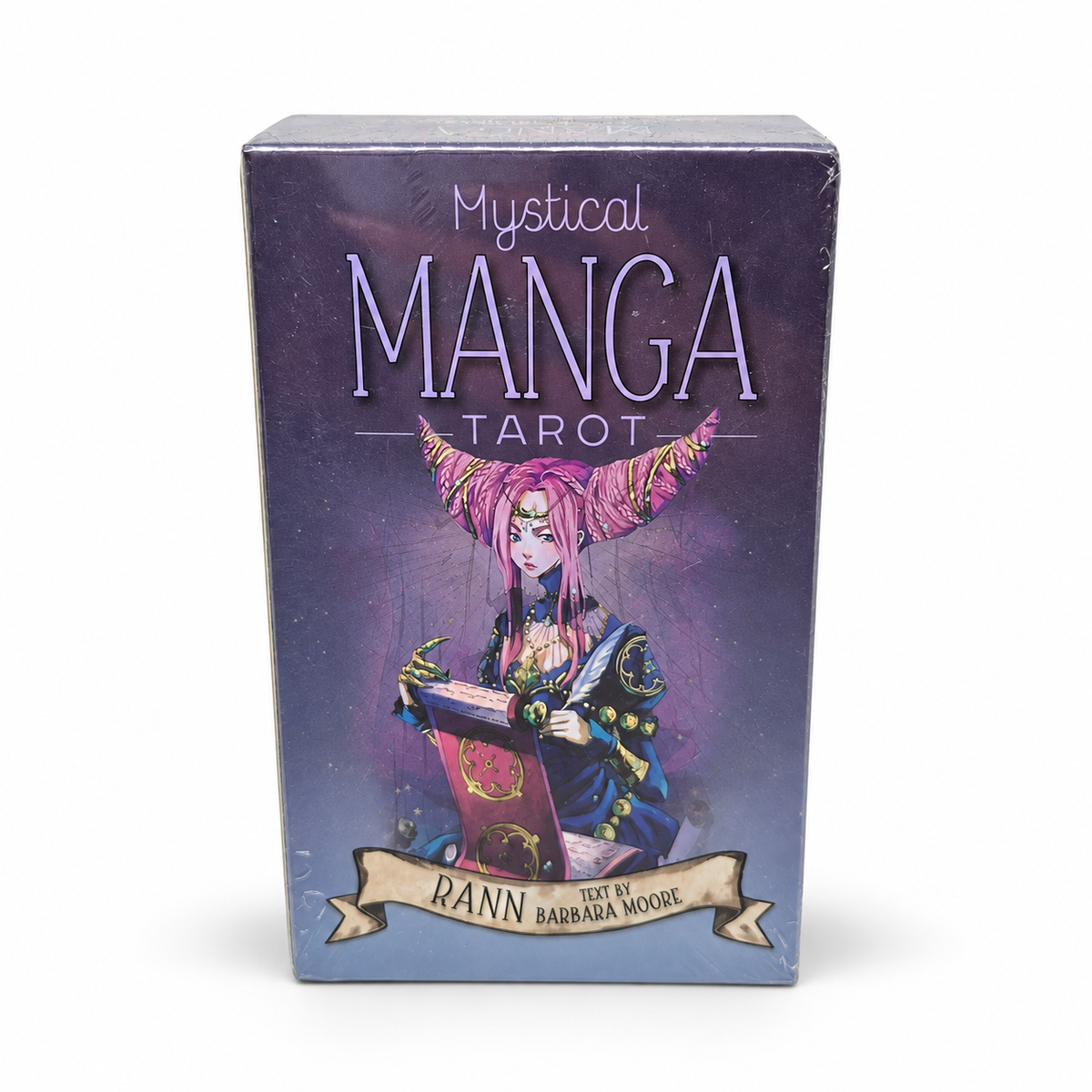 Mystical Manga Tarot deck box featuring an illustrated anime-style character with pink hair and a blue outfit, set against a dark purple background with the title 'Mystical MANGA TAROT' at the top.