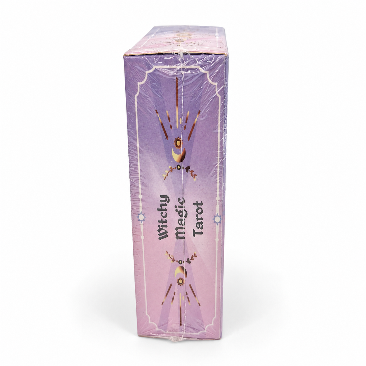 Side view of sealed Witchy Magic Tarot deck with moon and celestial detailing