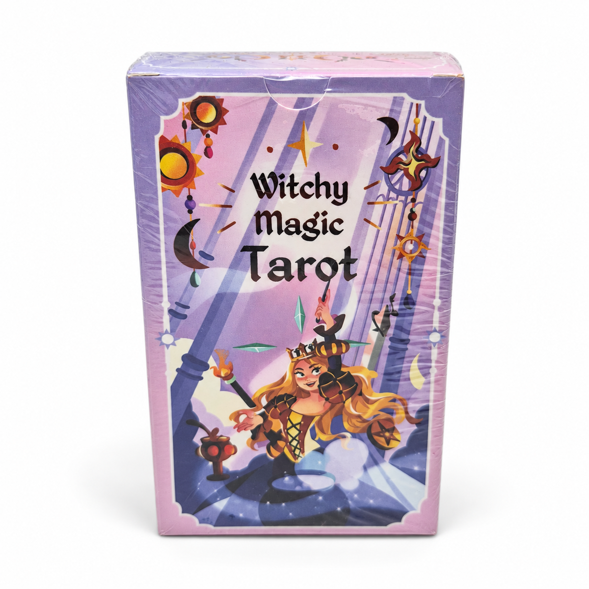 A boxed card deck titled 'Witchy Magic Tarot' in a lavender and purple illustrated box with a fantasy illustration of a witch and magical symbols, photographed on a white background.