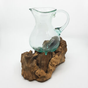 Hand-blown glass jug individually shaped to fit a natural driftwood base, creating a unique artisan home décor piece.