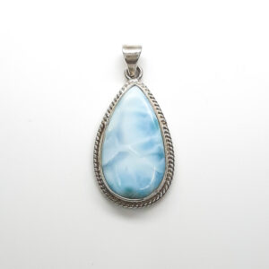 Natural Larimar pendant set in 925 sterling silver with beautiful ocean-blue marbled patterns.