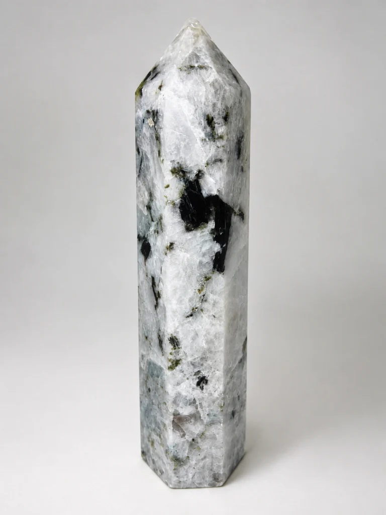 Natural Moonstone Tower with black inclusions and subtle flash