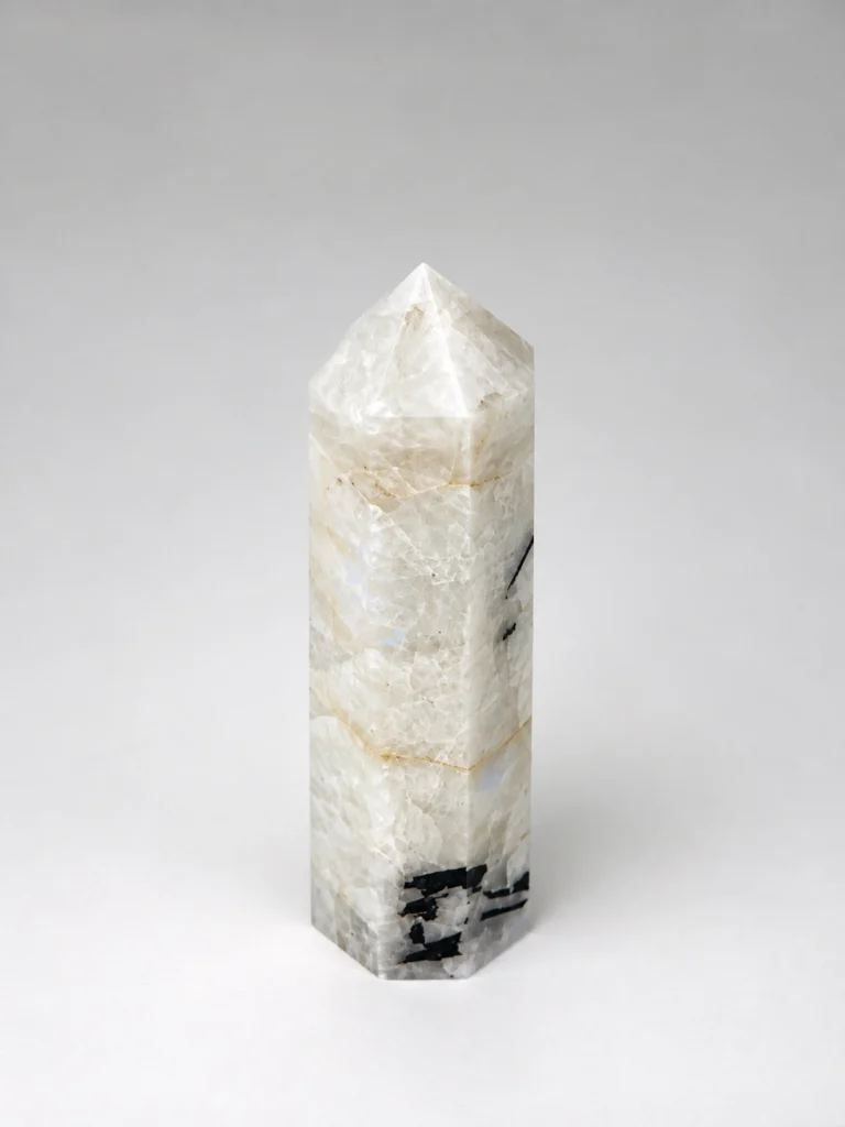 Small Moonstone Tower with natural black inclusions and subtle flash