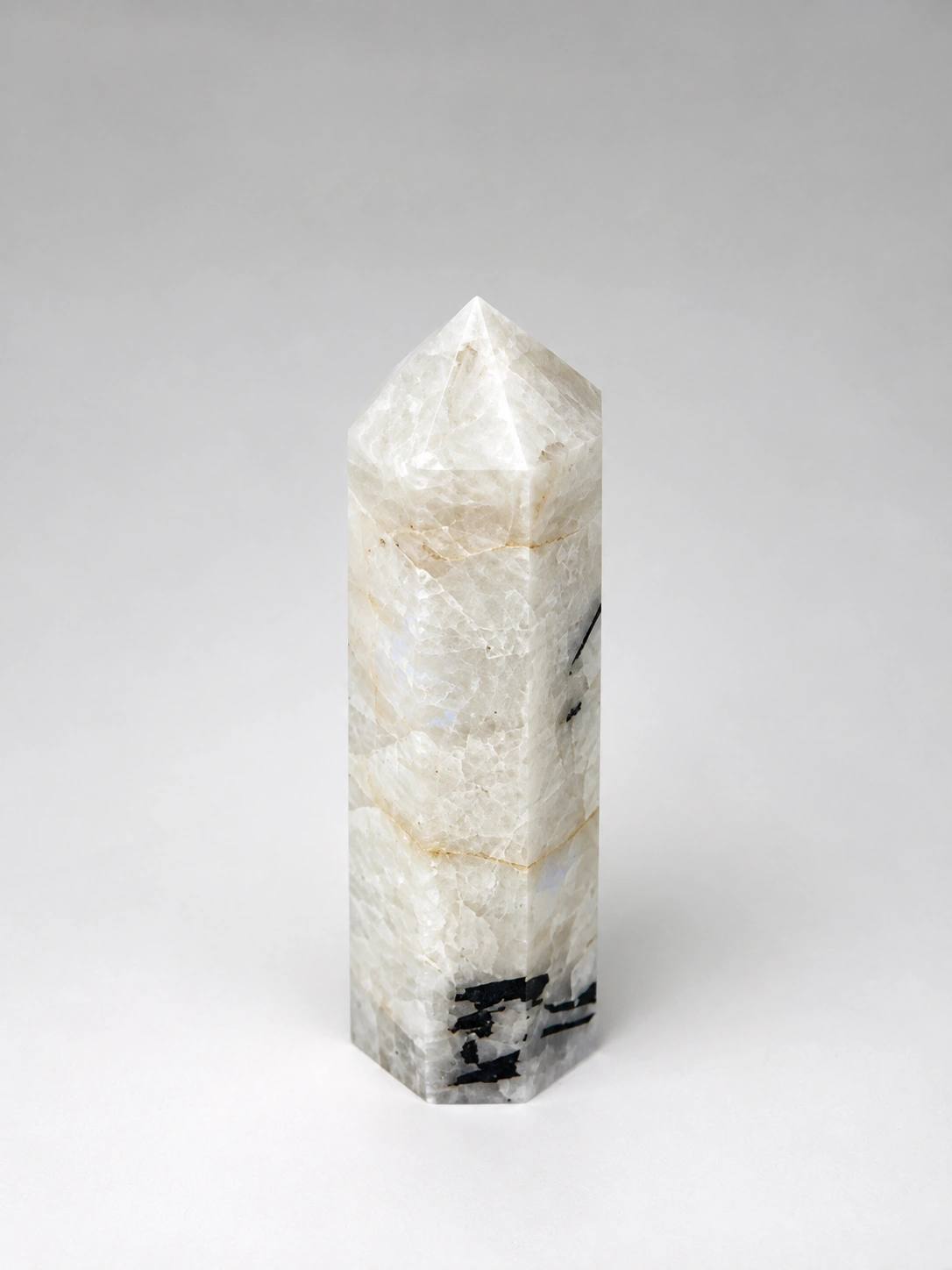 Small Moonstone Tower with natural black inclusions and subtle flash
