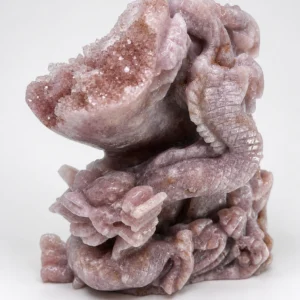 Natural Pink Amethyst Dragon Carving with sparkling druzy crystal formations