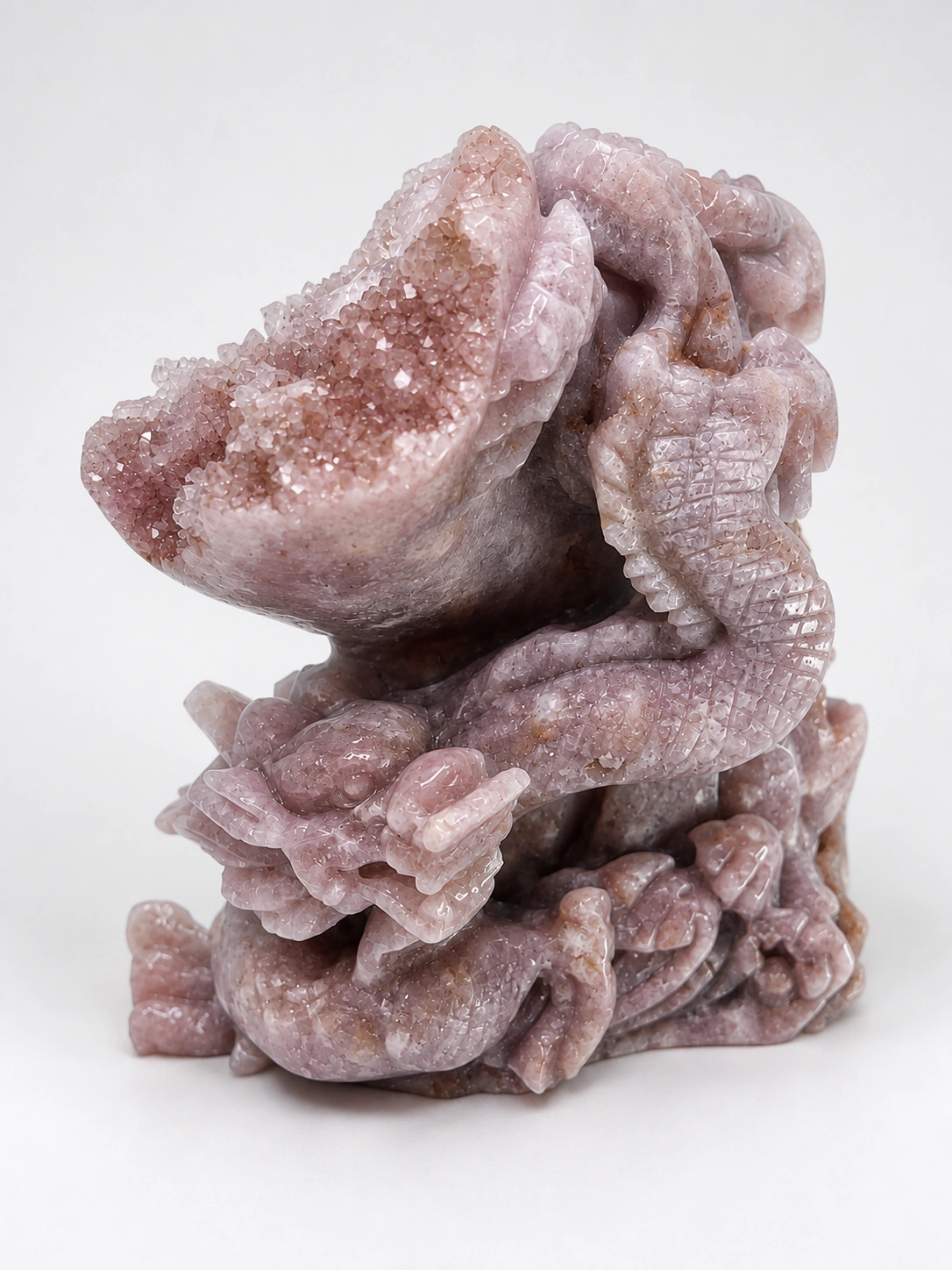 Natural Pink Amethyst Dragon Carving with sparkling druzy crystal formations