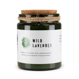 Wild Lavender Woodwick Soy Candle in green glass jar with cork lid